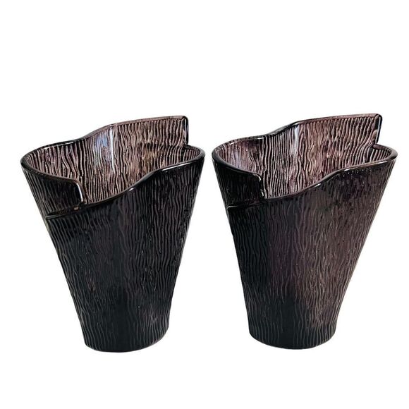 Partylite Glass Candle Holders Vase Wrapped Bark Dark Amethyst Plum Set of 2 - Picture 1 of 10
